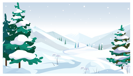 Winter fields with falling snow vector illustration. Pine trees with snow on twigs. Season conceptのイラスト素材