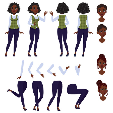 Flat icons set of black lady. Views, poses and hairstyles collection. Young African American woman concept. Vector illustration can be used for topics like business, promotion, marketing.のイラスト素材