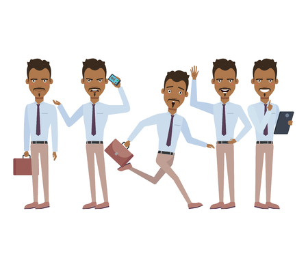 Hispanic businessman in hurry character set with different poses, emotions, gestures. Running, being late, annoyed with conversation. Can be used for design, animationのイラスト素材