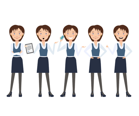Multitasking business lady character set with different poses, emotions, gestures. Animation constructor: talking on phone, shocked from contract. Can be used for design, animationのイラスト素材