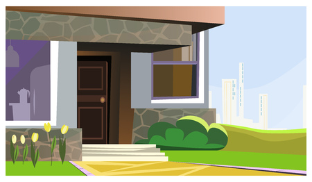 House decorated with flowers and bush vector illustration. Modern stoned building with small porch. Home conceptのイラスト素材