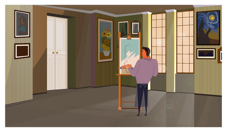 Male athletic artist painting on canvas vector illustration. Creative man working on picture and holding color palette in workshop. Occupation conceptのイラスト素材