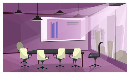 Modern business meeting room vector illustration. Projection screen with financial graphs image, chairs around table in office with panoramic window. Presentation conceptのイラスト素材
