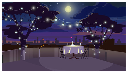 Romantic dinner on roof with served table vector illustration. Trees decorated with lights, full moon in dark sky. Date conceptのイラスト素材