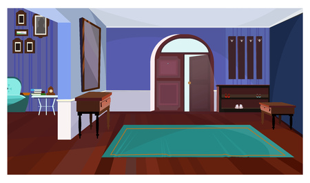 Dark corridor with open door and carpet vector illustration. Purple wall in spacious room with clothes hanger hooks, mirror and carpet. Interior conceptの写真素材