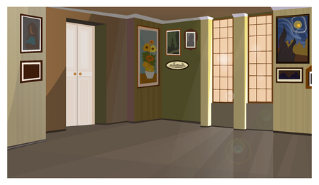 Art gallery with pictures on walls vector illustration. Empty home room with window and door. Museum conceptの写真素材