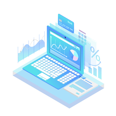 Isometric data of credit card transactions. Modern laptop with various graphs. Technology concept. Infographics isometric vector illustration on ultraviolet backgroundのイラスト素材