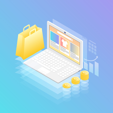 Online shopping concept isometric vector. Website of online clothing store on laptop screen, shopping bag and stack of money.  Technology concept. Infographics illustration on ultraviolet backgroundのイラスト素材