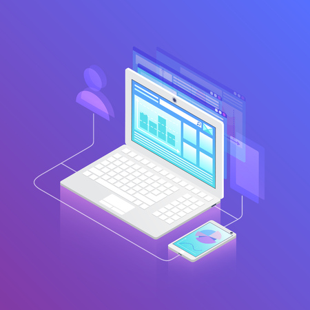 Isometric smartphone connecting to laptop. Personal computer and gadget with financial graphs. Technology concept. Infographics isometric vector illustration on ultraviolet backgroundの写真素材