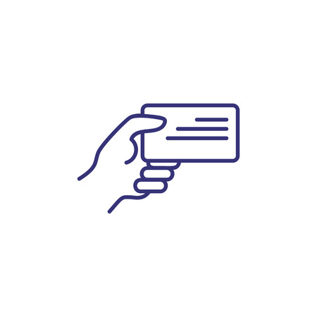 Business card line icon. Human hand holding badge. Identity concept. Can be used for topics like business id, verification, license, documentのイラスト素材