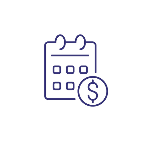 Salary day line icon. Calendar with dollar coin. Earning concept. Can be used for topics like wages, personal finance, budgeting, planningのイラスト素材