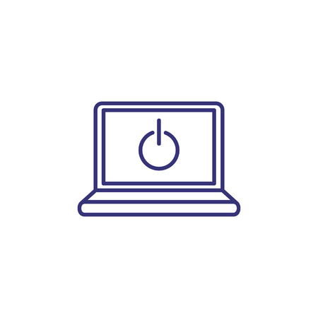 Turning off laptop line icon. Computer with ON or OFF symbol on monitor. Information technology concept. Can be used for topics like workplace, desktop, sleep modeのイラスト素材