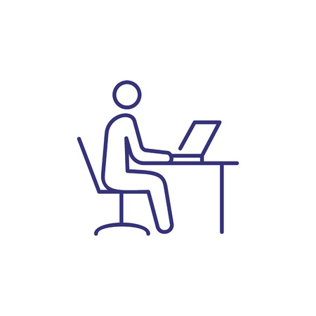 Work on computer line icon. Man sitting at table and using laptop. Workplace concept. Can be used for topics like office job, business, modern technologyのイラスト素材
