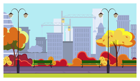 Autumn city park with trees, bushes, benches, lanterns and skyscrapers in background. Cityscape, recreation area. Flat style vector illustration. For brochures, wallpapers, posters or banners.のイラスト素材