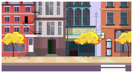 Autumn city street with trees and buildings in background. Cityscape, architecture concept. Flat style vector illustration. For leaflets, brochures, wallpapers, posters or banners.のイラスト素材
