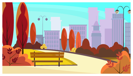 City park walkway with autumn trees, bushes, benches, lanterns and skyscrapers in background. Cityscape, recreation area. Flat style vector illustration. For brochures, wallpapers, posters or banners.のイラスト素材