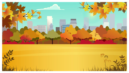 Suburban area with meadow, autumn trees and city buildings in background. Cityscape, nature concept. Flat style vector illustration. For leaflets, brochures, wallpapers, posters or banners.のイラスト素材