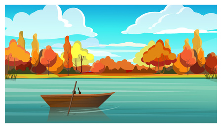 Lake with empty boat and autumn trees in background. Nature, countryside concept. Flat style vector illustration. For leaflets, brochures, wallpapers, posters or banners.のイラスト素材