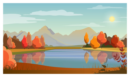 Landscape with lake, trees, sun and mountains in background. Nature, autumn concept. Flat style vector illustration. For leaflets, brochures, wallpapers, posters or banners.のイラスト素材