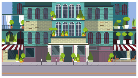 Empty city street with beautiful building and plants vector illustration. Summer day. Hotel, tourism and architecture concept. For websites, wallpapers, posters or banners.のイラスト素材