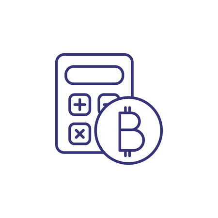 Bitcoin and calculator line icon. Cryptocurrency rate, mining, currency converter. Cryptocurrency concept.のイラスト素材