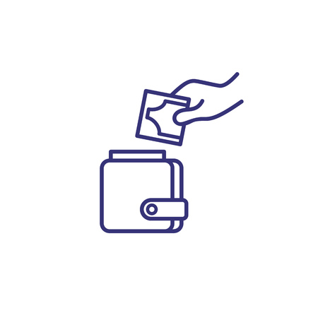 Hand putting money in wallet line icon. Completion of wallet, saving, earning. Bank conceptのイラスト素材