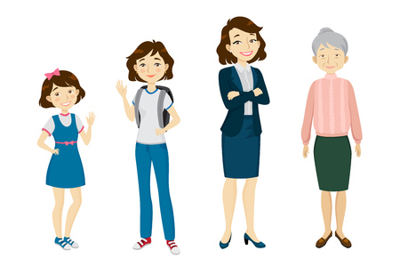 Female of various age character set with different gestures, poses, actions. Child, schoolgirl, adult woman, senior. Can be used for childhood, old age, life cycleのイラスト素材