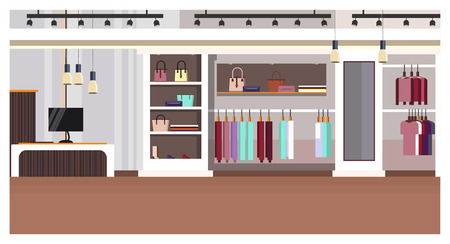 Woman clothing store interior with checkout counter, bags on shelves and clothes on hangers vector illustration.の写真素材