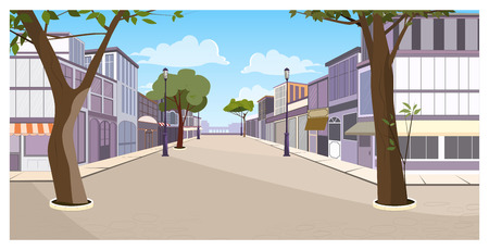 Town street with buildings, trees and empty pavement vector illustration. Summer day and blue sky. Summer town street concept.の写真素材