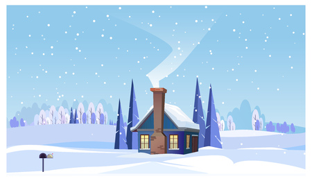 Winter landscape with small house and smoking chimney vector illustration. Winter snowy country scene. Countryside house concept.の写真素材