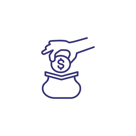 Small cash purse line icon. Hand putting dollar coin into wallet. Finance conceptのイラスト素材
