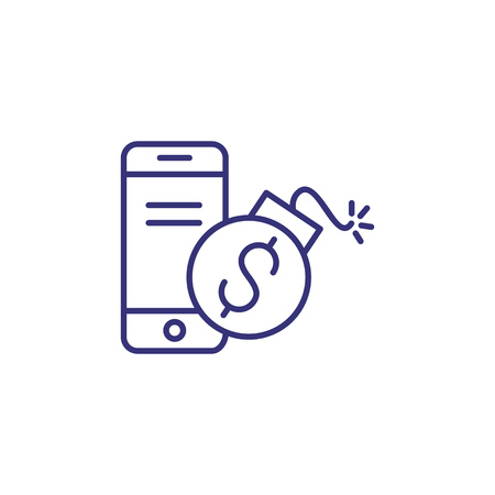 Threat for online money line icon. Smartphone, dollar sign on bomb with lit fuse. Financial protection concept.のイラスト素材