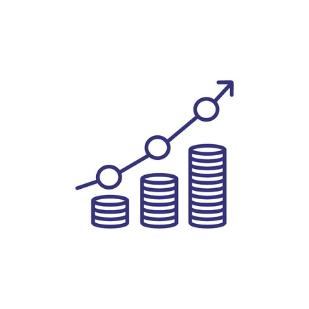 Money growth line icon. Stacks of coins and arrow up. Increase conceptのイラスト素材
