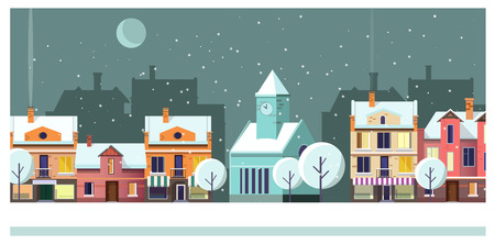Winter night townscape with houses and moon vector illustration. Night town scene. Night townscape concept. For websites, wallpapers, posters or banners.のイラスト素材