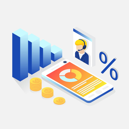 Isometric financial consulting. Mobile phone, graphs, percentage, currency, support center operator. Finance management concept. Infographic isometric vector illustrationのイラスト素材