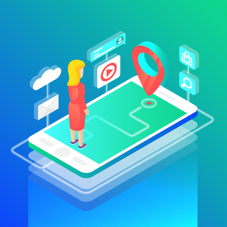 Isometric map location. Smartphone user, mark pointer on screen, itinerary. Navigation concept. Infographic isometric vector illustration on bright green and blue backgroundのイラスト素材