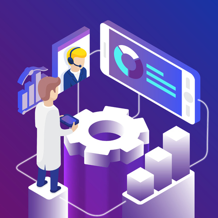 Isometric online technical support. Man with game pad, call center operator, gear and graph on screen. Online help concept. Infographic isometric vector illustration on bright violet backgroundのイラスト素材