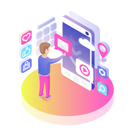Isometric smartphone user. Mobile phone buttons, new message, like, play, application icons. Digital device concept. Infographic isometric vector illustrationのイラスト素材