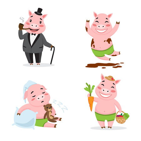 Cute pig enjoying different actions. Cartoon character set. Smoking pipe, rolling in mud, sleeping, harvesting Vector illustration can be used for kindergarten, elementary school educationのイラスト素材
