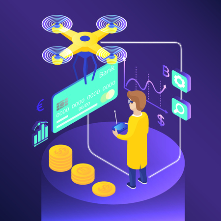 Isometric credit card delivery. Drone pilot, stacks of coins, currency rate. Banking concept. Infographic isometric vector illustration on violet backgroundのイラスト素材