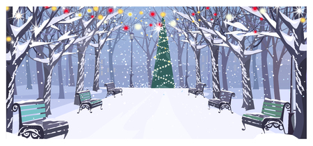Walkway in winter city park with benches and decorated fir-tree vector illustration. Cityscape, recreation area. Christmas Eve concept. For websites, wallpapers, posters or banners.のイラスト素材