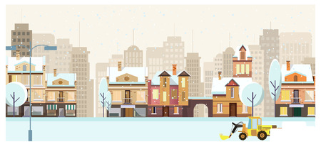 Winter cityscape with buildings, trees and snowplow vector illustration. Cityscape with skyscrapers and snow. Winter city concept. For websites, wallpapers, posters or banners.のイラスト素材
