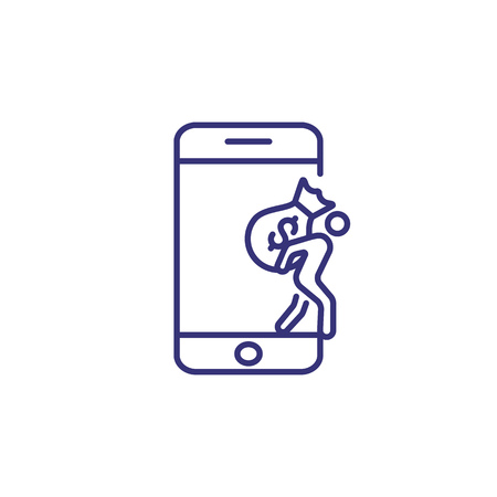 Online hacker line icon. Thief carrying sack of money, smartphone. Fraud concept.のイラスト素材