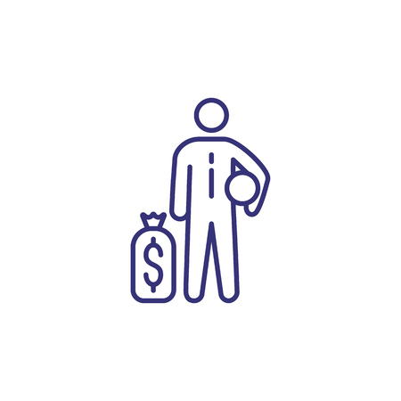 Encashment line icon. Man and bags with cash. Finance concept.のイラスト素材