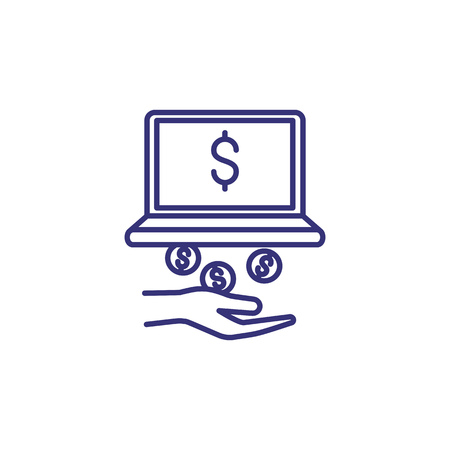 Online income line icon. Dollar coins falling from computer to hand. Financial success conceptのイラスト素材