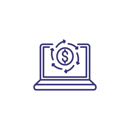 Online transaction line icon. Dollar coin, cycle arrow, laptop. Finance concept.のイラスト素材