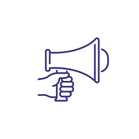 Megaphone line icon. Hand holding loudspeaker. Moviemaking concept. Can be used for topics like filming, movie production, cinema, director toolsのイラスト素材