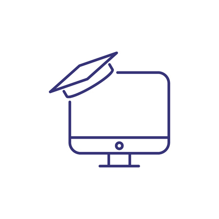 Online education line icon. Graduation cap and monitor. Elearning concept. Can be used for topics like video course, online learning, distance grainingのイラスト素材