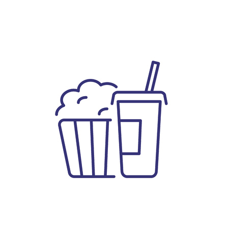 Snack line icon. Popcorn and takeaway cola with straw. Cinema concept. Can be used for topics like movie watching, takeaway food, entertainment, leisureのイラスト素材