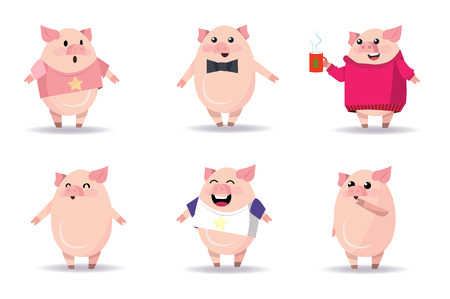 Pig like man character set with different poses, emotions, gestures. Parts of bow tie, sweater, tshirts, hot drink. Can be used for topics like animal, behavior, fashionのイラスト素材